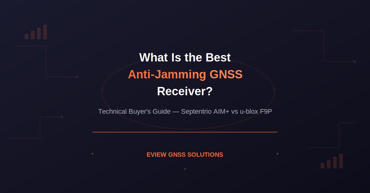 Anti-jamming GNSS receiver technical buyer guide featuring Septentrio AIM+ technology with signal bars and circuit board design