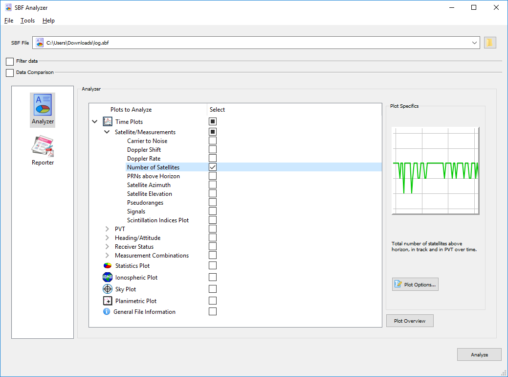 SBF Analyzer Satellite Count option selected in the main window