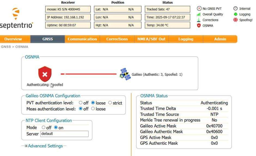 Galileo OSNMA on Septentrio receiver - spoofed Galileo signal flagged in web interface