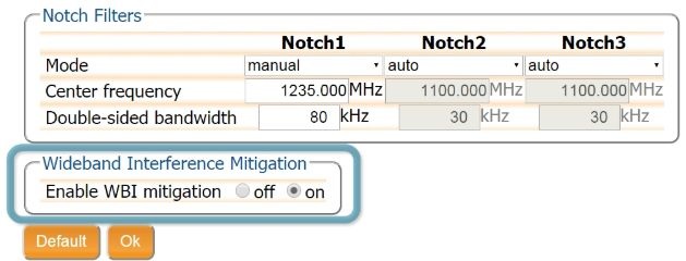 Notch filter configuration (auto or manual mode, centre frequency and double-sided bandwidth per filter) and the Wideband Interference Mitigation switch.