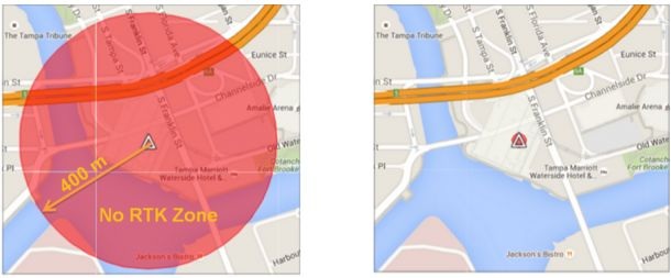 Interference footprint: no RTK inside the affected zone (left) versus operation with AIM+ (right).