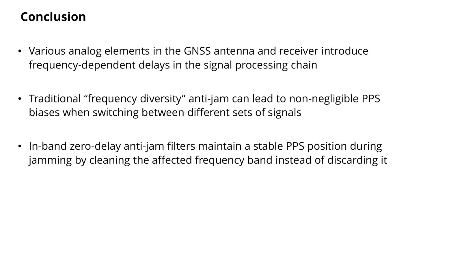 Conclusion slide summarising frequency-dependent delay, PPS bias from frequency diversity switching, and stable PPS with in-band zero-delay anti-jam.