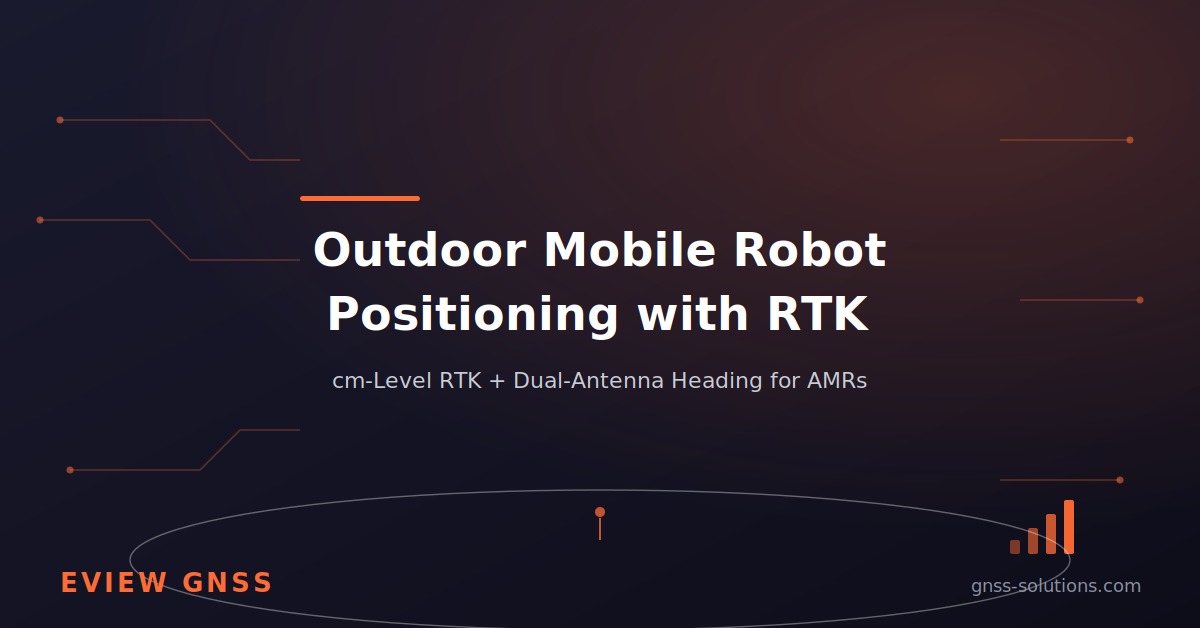 Dark banner reading Outdoor Mobile Robot Positioning with RTK, cm-level RTK and dual-antenna heading for AMRs, Eview GNSS
