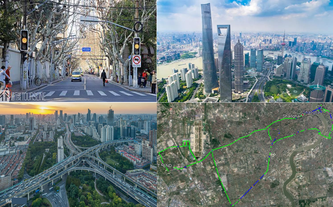 Photographs and map of the dynamic test driving route through Chinese city streets and elevated roads