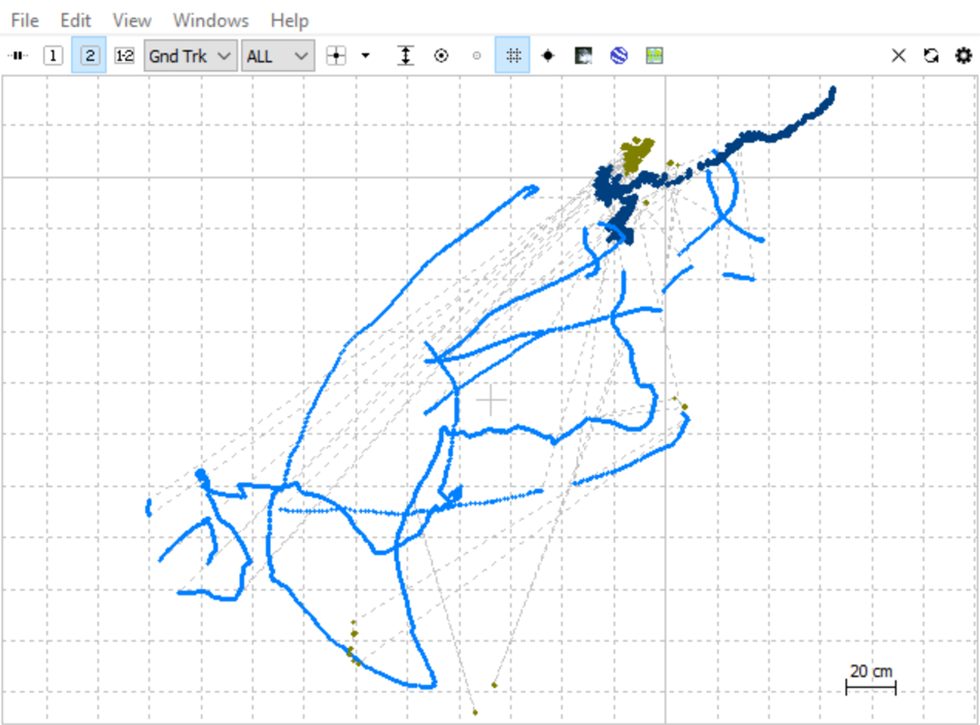 RTK ground track in half sky and rain with float and DGPS segments, 83.3% fix ratio