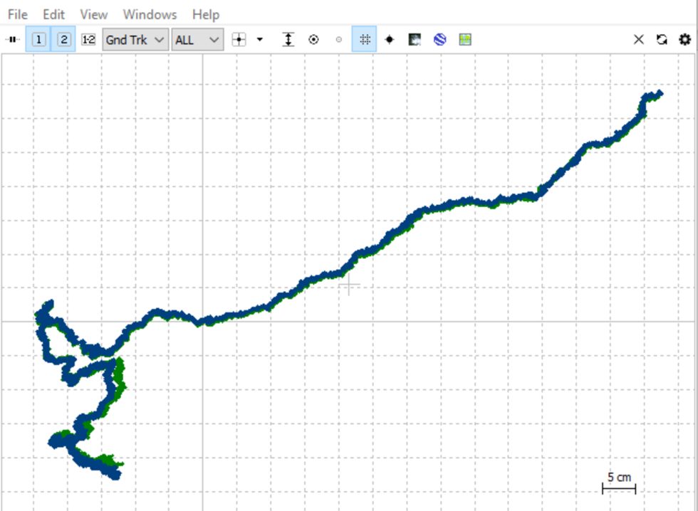 RTK ground track in half sky and rain with 100% fixed solution, 5 cm scale